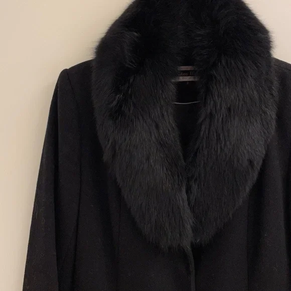Kristen Blake Black Long Wool Coat with Fox Fur Collar